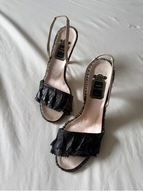 Rene Caovilla | Black Lace laser cut Ruffle Slingback Sandals | 38.5
